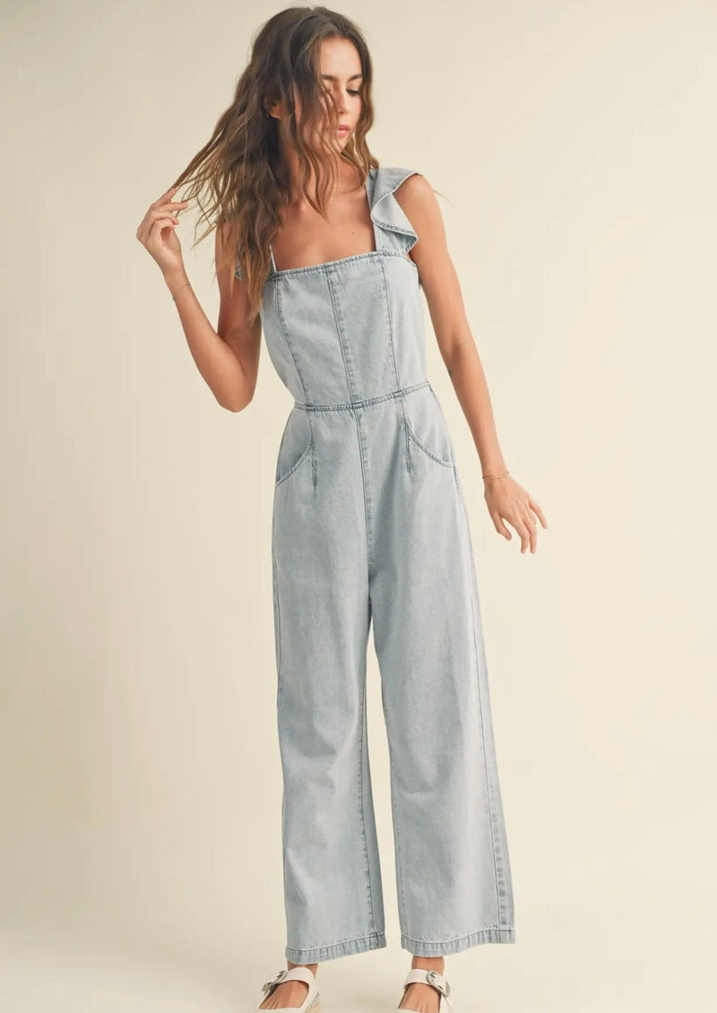 Ruffled Sleeve Denim Jumpsuit