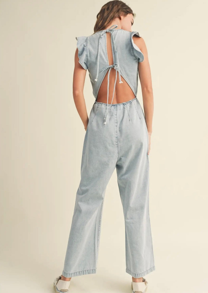 Ruffled Sleeve Denim Jumpsuit