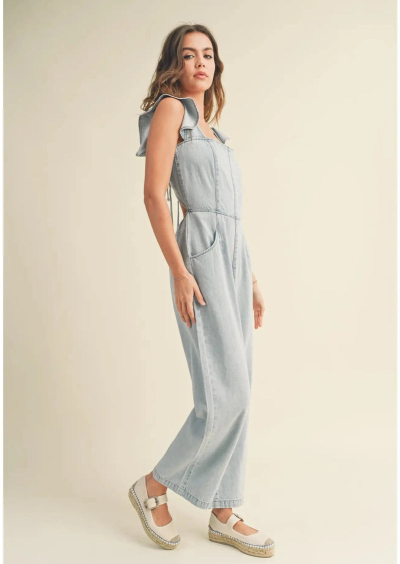 Ruffled Sleeve Denim Jumpsuit