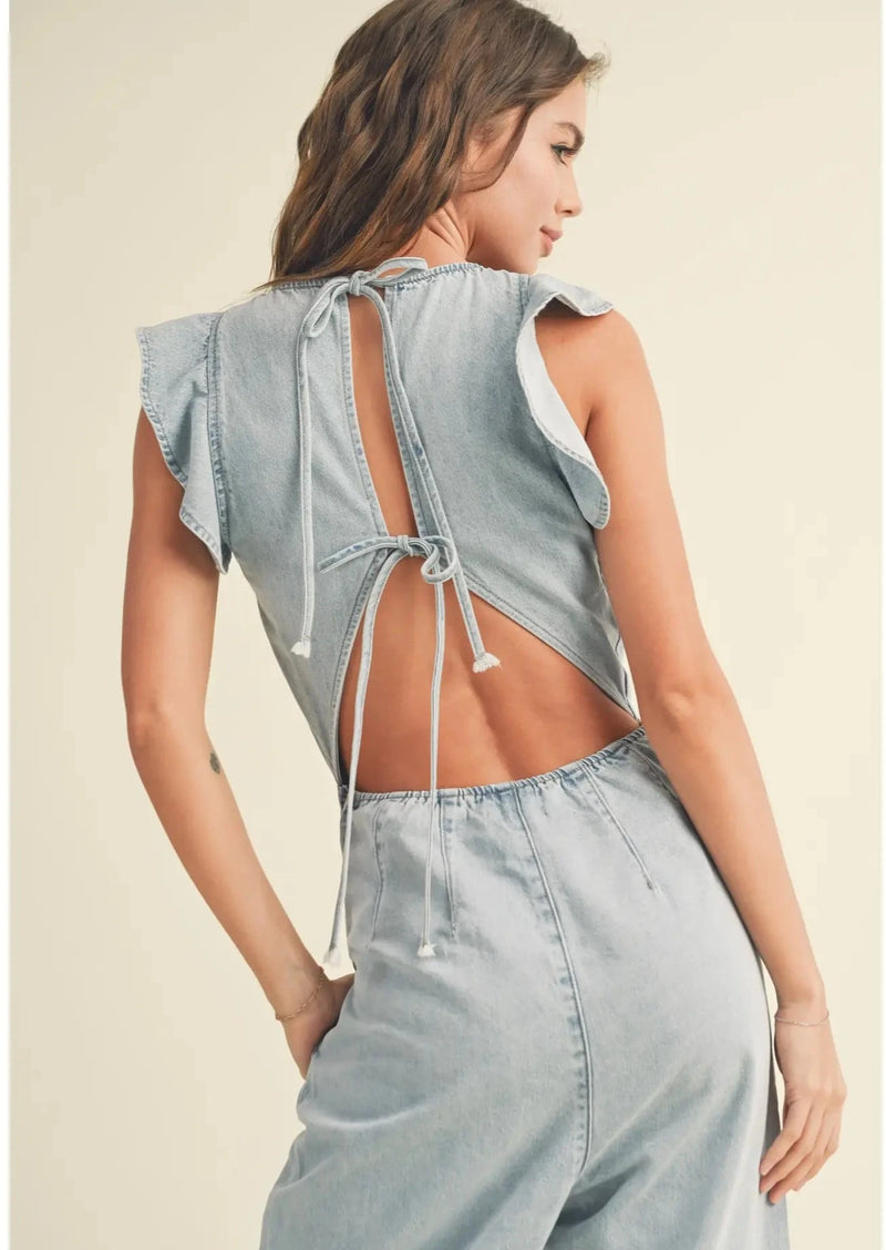 Ruffled Sleeve Denim Jumpsuit