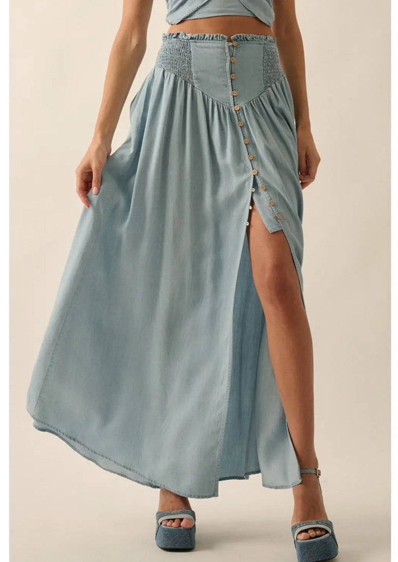 Smocked Denim Maxi Skirt