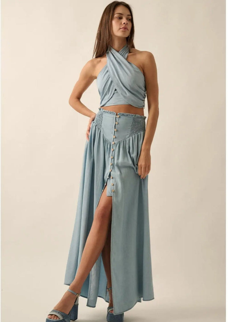 Smocked Denim Maxi Skirt