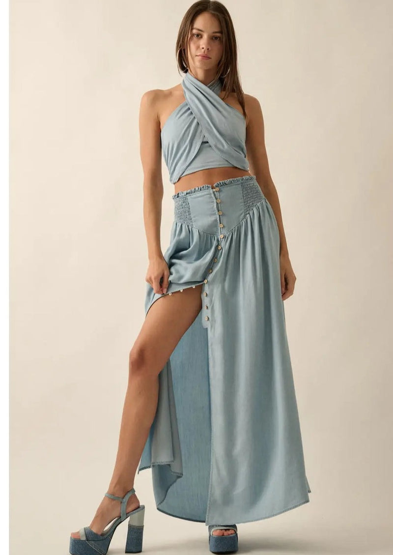 Smocked Denim Maxi Skirt