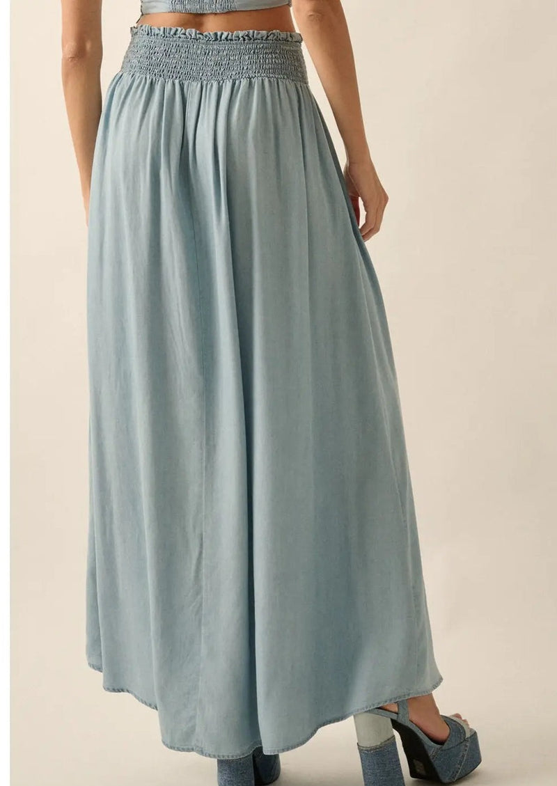 Smocked Denim Maxi Skirt