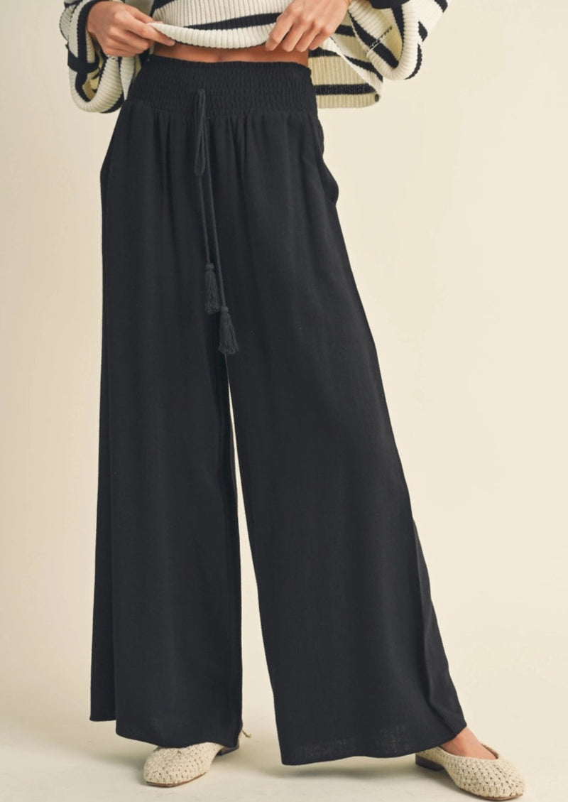 Smocked Linen Wide Leg Pant