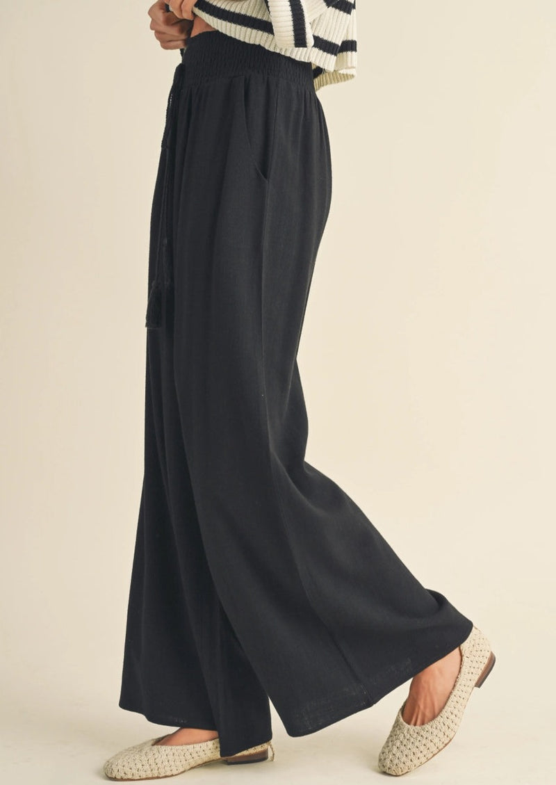 Smocked Linen Wide Leg Pant